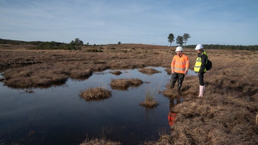 Two men in hard hats and hi-viz jackets stand in a peaty, marshy landscape